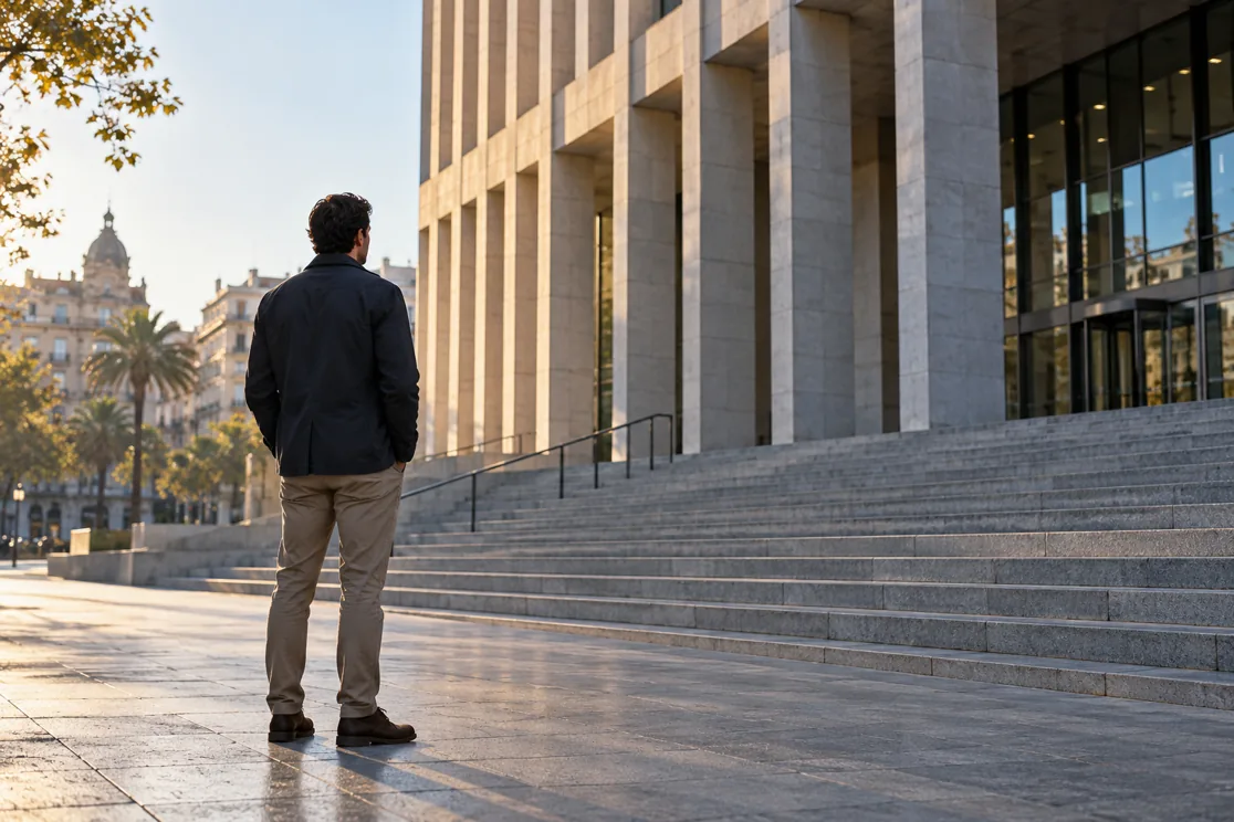 Man seen from behind outside a judicial building, an illustrative criminal defence scene