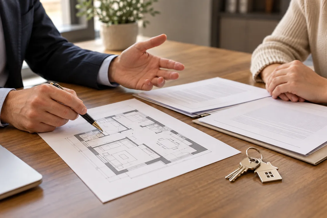 Consulta sobre una compraventa de vivienda con documentos, plano y llaves sobre la mesa