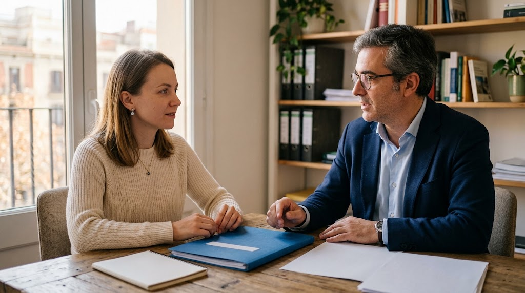 Dos personas conversando en una mesa con documentos y carpetas
